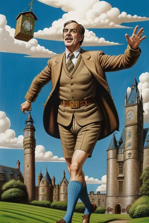 Young John Cleese walking on a cloud, flying tins of SPAM and cuckoo_clocks, Silly Walk, (Monty Python Art Style by Terry Gilliam)