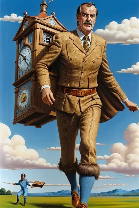 Young John Cleese (walking on a cloud), flying tins of SPAM and cuckoo_clocks, Silly Walk, (Monty Python Art Style by Terry Gilliam)