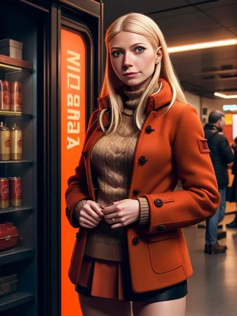 3/4 shot, medium shot portrait, 
 gwyneth paltrow , sandy brown sweater, red duffel coat, dark orange skirt, ,
( cyberpunk )