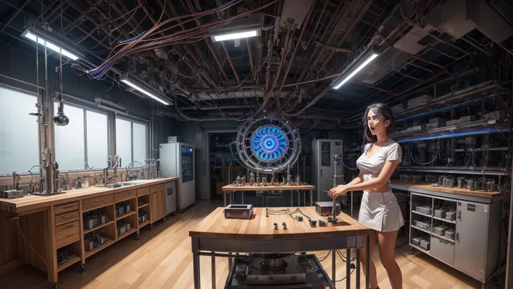 arafed woman in a lab with a large table and a lot of tools