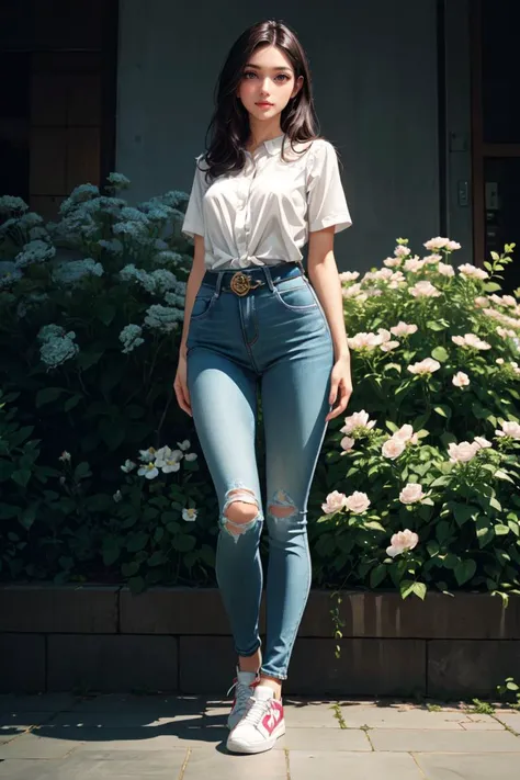 a woman in jeans and a white shirt standing in front of a bush