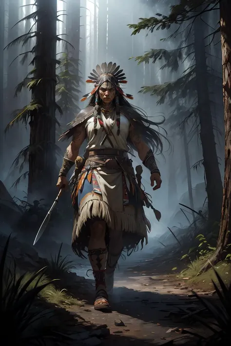 (Photo:1.2) of,(Hopeful:1.2) RAW photo, photo of the most beautiful artwork in the world featuring a warrior muscular and trim man of the North American Apache Indians, in arizona forests, (native american:1.3), ritualistic (war tattoo:1.3), (teepee in the...