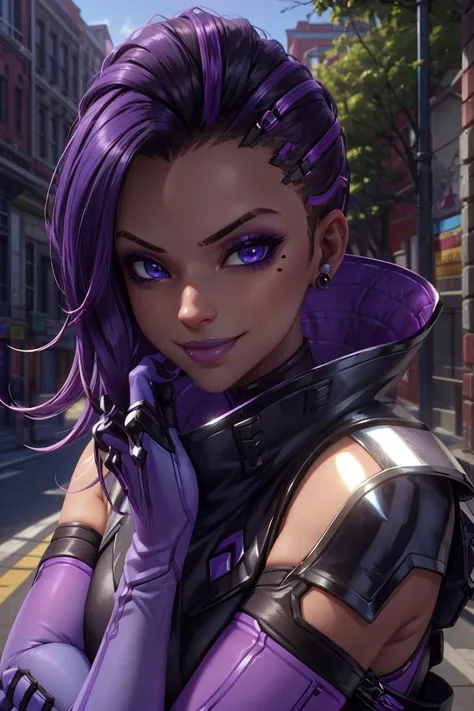 a close up of a person with purple hair and purple gloves