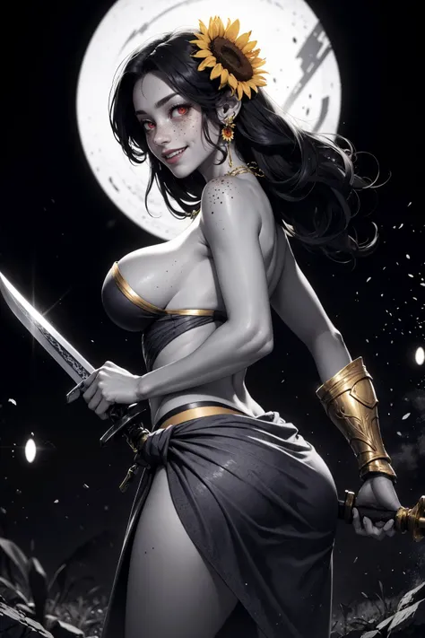 1girl, areola_slip, ass, bdsm, ear_protection, fang, flower, freckles, gold_armor, greyscale, hair_flower, holding_sword, holding_weapon, leona (lol), looking_at_viewer, necklace, red_eyes, sarong, smile, solo, strapless, sunflower_hair_ornament, sunset  <...