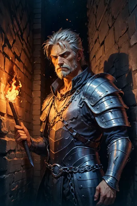 a man in armor holding a sword standing in front of a brick wall