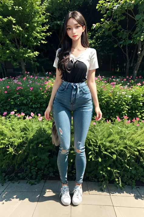 a woman in jeans and a white shirt standing in front of a bush