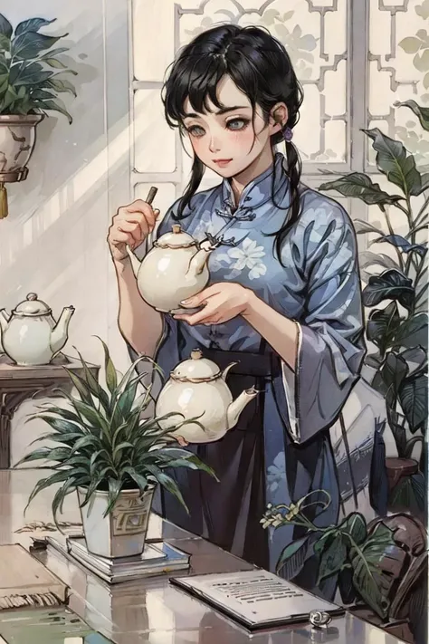 a woman in a blue dress holding a tea pot and a potted plant