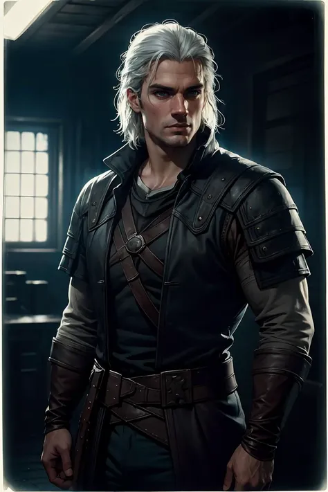 cowboy shot ,polaroid shot of henry cavill as withcer geralt of rivia, white hair, dark atmosphere, cinematic pose,masterpiece, ultra realistic, realistic light, (saturation), photorealistic, best quality, <lora:GoodHands-vanilla:1>