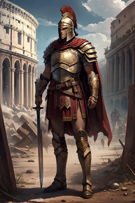 a man in armor stands in front of a roman collage