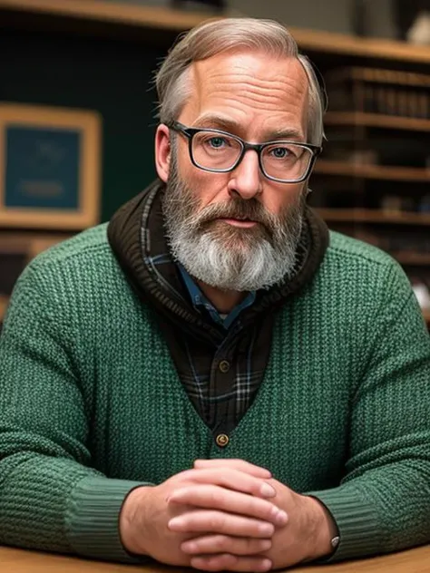 photo of (LuckyHank:0.99), a bearded man wearing glasses, wearing a green knit sweater, with a black, with a white checkered scarf, with a brown leather jacket,  detailed face, realistic skin, high quality, (brown eyes:1.1), Leica 50mm, f1. 4, natural ligh...