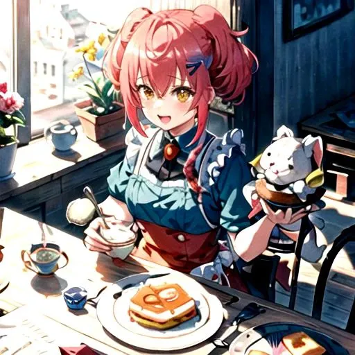 <lora:Kokona-09:0.77>,kokonawds, smile, open mouth, shirt, hair ornament, bow, holding, sitting, braid, heart, food, hairclip, indoors, hair bun, apron, twin braids, cup, book, window, double bun, animal, chair, stuffed toy, table, stuffed animal, knife, p...