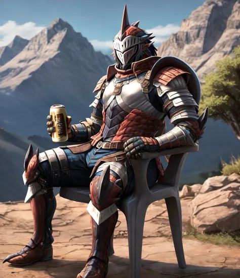 1man, (male:1.4), (human:1.2), motivatedchair, holding can, beer can, outdoors, mountain background, <lora:Chair:0.8>, depth of field, red rathalos armor, rathalternate, helmet, detailed helmet,  <lora:MH_Rathalos Armor_a1:1>