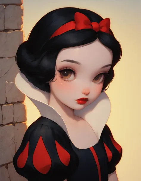 a close up of a cartoon snow white with a red bow