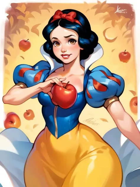 a cartoon picture of a snow white with an apple in her hand