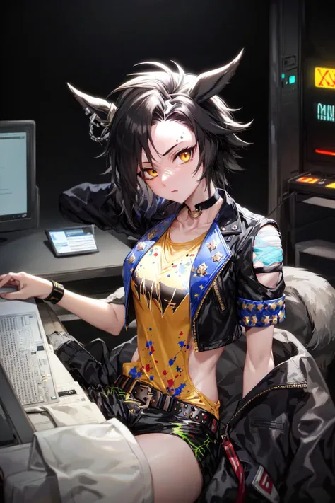 masterpiece, best quality,
air shakur (umamusume),
dark inside, dark background,
sitting, server room, servers, keyboard (computer),  monster energy,
yellow shirt, yellow tank top, side cutout, black choker, necklace, short sleeves, shoulder cutout, crop t...