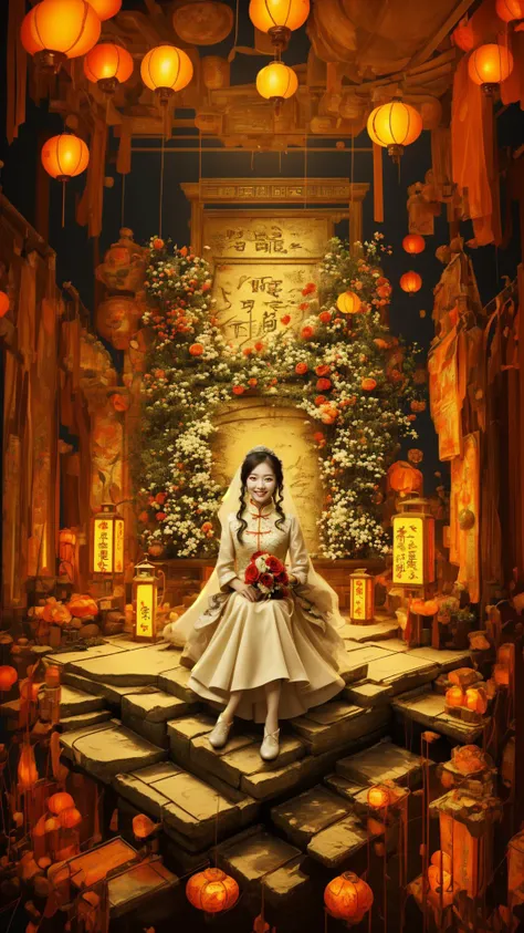 a woman in a wedding dress sitting on a platform surrounded by lanterns