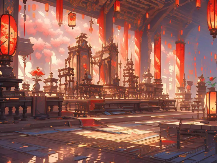 scenery,indoors,lantern,architecture,plant,railing,<lora:hongsejiayi:0.7>,, (masterpiece, best quality, high quality, highres, ultra-detailed),