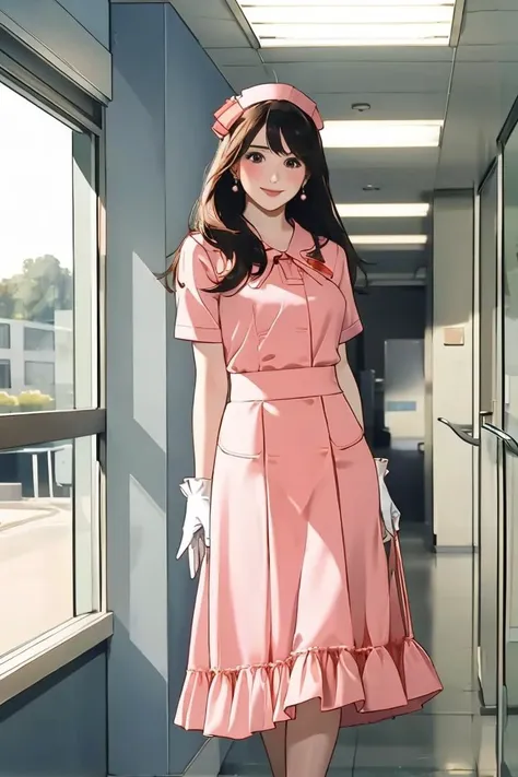 anime girl in pink dress standing in hallway with window