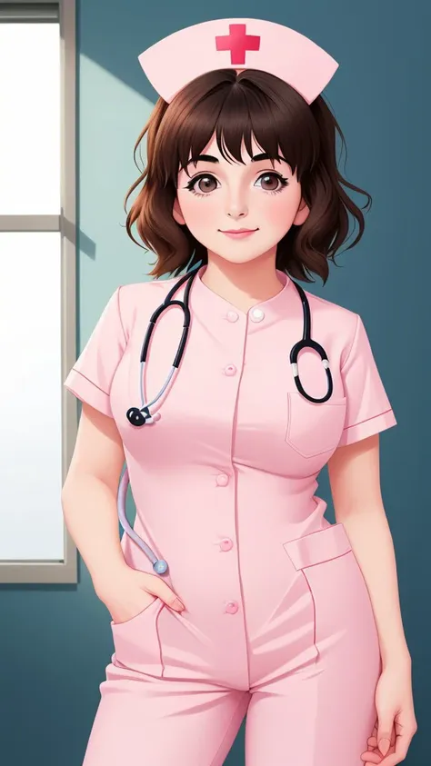 a woman in a pink nurse uniform is posing for a picture