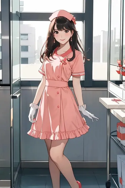 anime girl in pink dress standing in a kitchen with a window