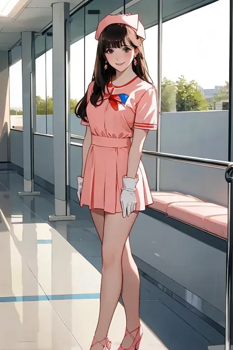 anime girl in pink uniform standing in a hallway with a bench