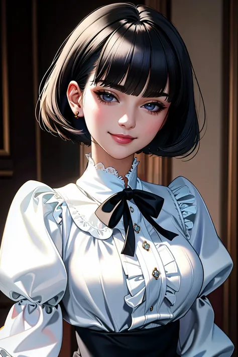 anime girl with black hair and blue eyes in a white blouse