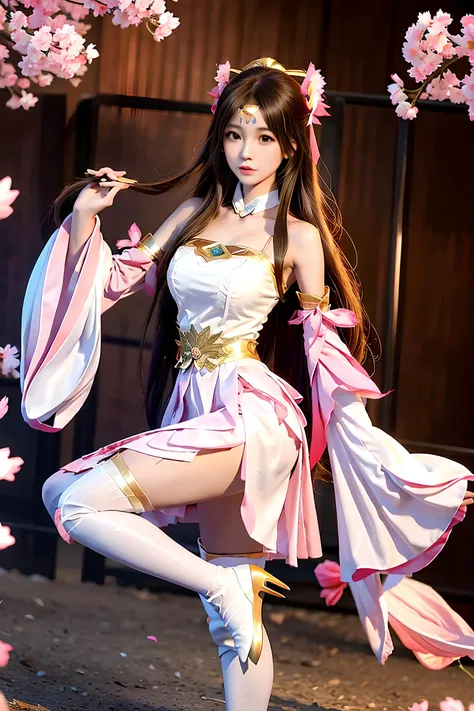 <lora:diaochan:1>, <pink skirt>,diaochan, petal skirt, 1girl, solo, long hair, high heels, brown hair, thighhighs, dress, detached sleeves, flower, realistic, brown eyes, hair ornament, bare shoulders, wide sleeves, flower hairpin