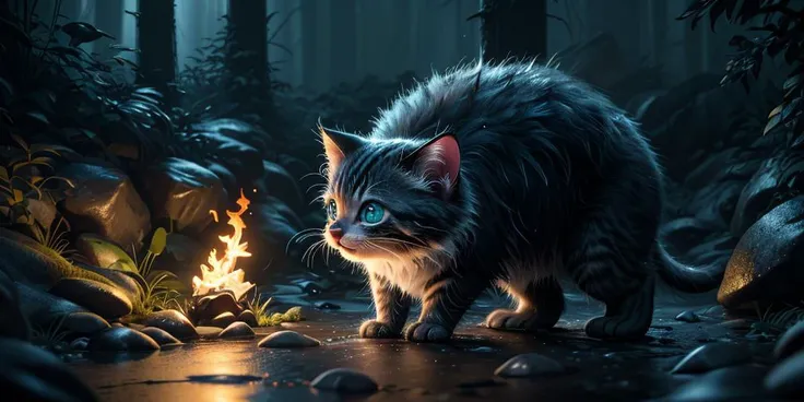 (pixar:0.7),
(disney:0.4), 
(3D:1.2),
(UHD:1.1), 
(detailed background visible:1.2),
close up of wet kitten, wet fur,
on the outer entrance of a small dark care in a vast forest, rocks, darkness, torch, curiousity, ,
 <lora:WaxWorld:0.45> WaxWorld, 
(Style...