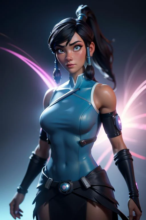 8k resolution, (cyberpunk),The highest picture quality, masterpiece, exquisite CG,
korra, ponytail, hair tubes,
looking at the viewer,
detailed face, detailed eyes, 
Sexy figure, huge round breasts, peerless beauty, dreamlike, stunning, shining, dynamic de...