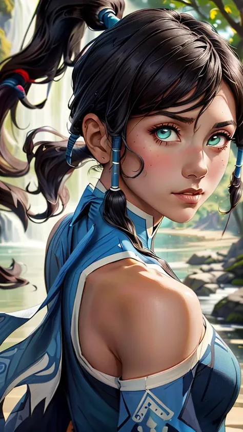 (best quality, masterpiece, colorful,highest detailed)(korra),<lora:KorraV2:1>,upper body photo,fashion photography of cute girl (korra),ponytail,dark skin,bare shoulders,in dynamic pose,bokeh,(intricate details, hyperdetailed:1.15),detailed,waterfall back...