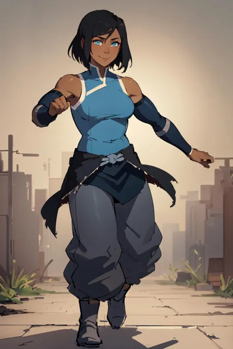 (masterpiece, best quality:1.2), <lora:KorraV2:1>,1girl, bare shoulders, black hair, blue eyes, breasts, dark skin, dark-skinned female, korra, smile, solo, toned, short hair, sfw, black skirt, fighting stance,