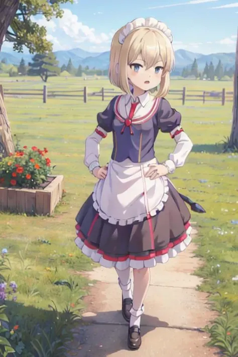 <lora:#Pkaoru:1>,kaoru,petite,blonde hair,(short hair:1.3),(maid:1.3),outdoors,walking,