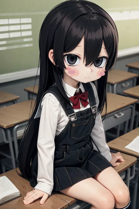 anime girl sitting on desk in classroom with open book