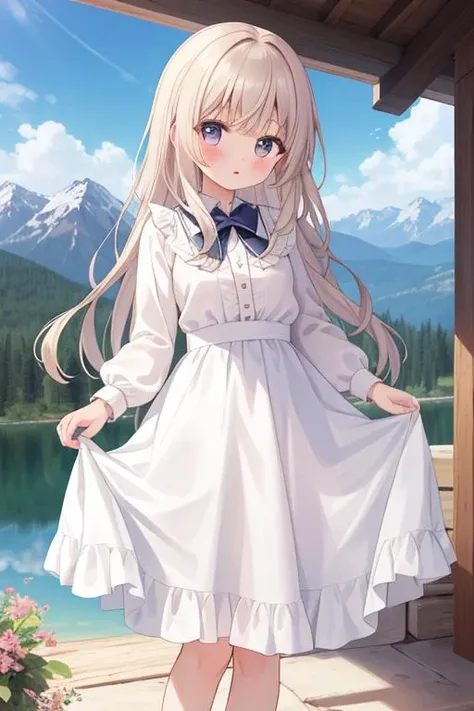 masterpiece,best quality,ultra detail,1girl,outdoor,blush,mountain,lake,long hair,white blouse, frill longskirt,cloud,