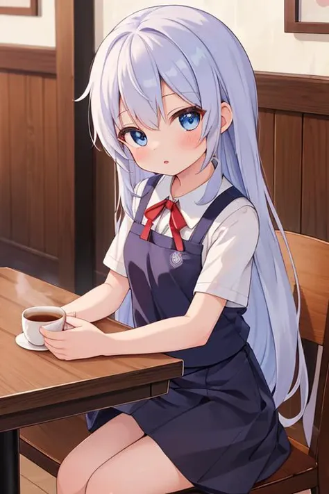 masterpiece,best quality,ultra detail,1girl,kahuu chino, wood table,coffee,blue eyes,waitress uniform,long hair