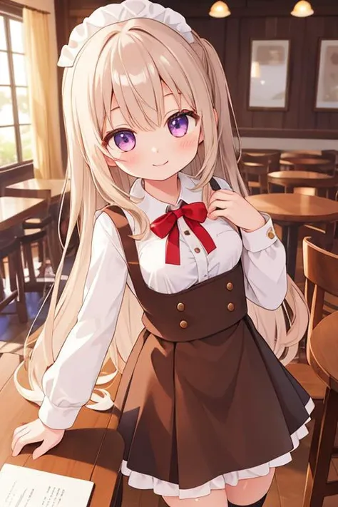 masterpiece,best quality,ultra detail,1girl,petite, wood table,coffee,shiny eyes,waitress uniform,long hair,small breasts,smile