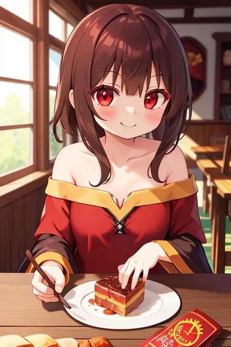 masterpiece,best quality,ultra detail,1girl,megumin, wood table,food,red eyes,off shoulder,evil smile