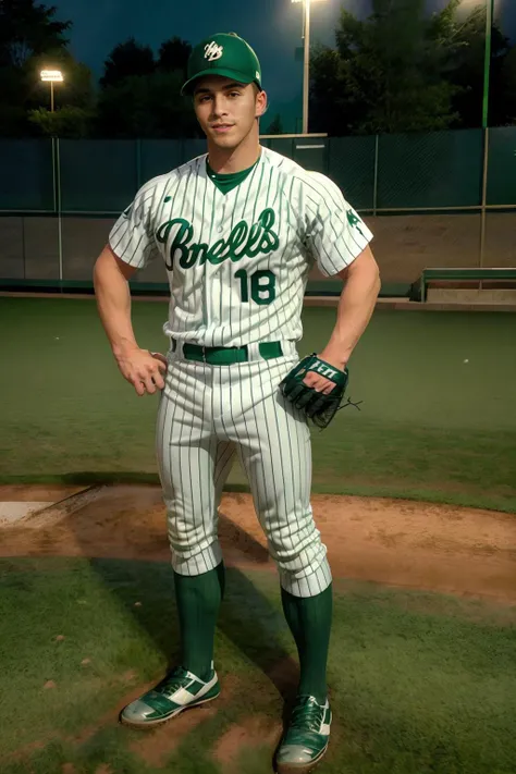 (late evening, (baseball field), stadium lighting), standing at first base, RyanRockford, slight smile, baseballplayer, (baseball uniform), white jersey with green pinstripes, wearing green baseball cap, white pants with green pinstripes, (((wearing baseba...