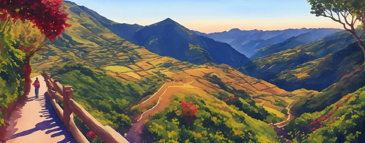 painting of a person walking down a path in the mountains