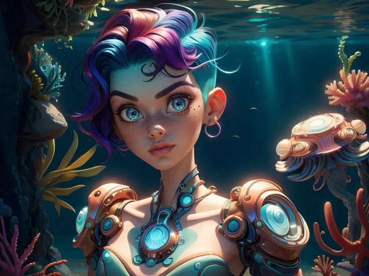 a woman with purple hair and blue eyes standing in front of a underwater scene