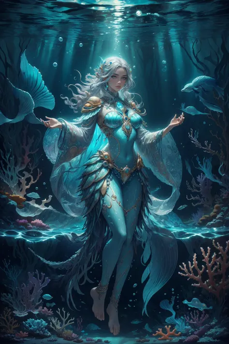 a woman in a blue dress is standing under the water