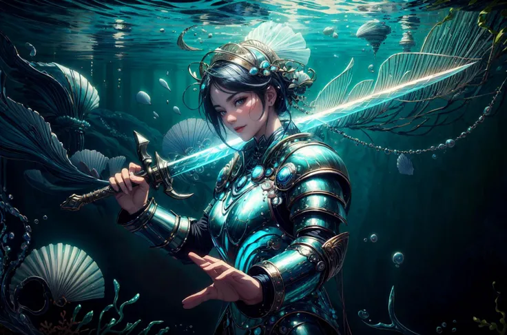 ((best quality, masterpiece)),
1girl, black teal and silver armor, holding a sword, short black hair, castle on background <lora:more_details:0.8>
<lora:AtlantisTech-20:1.1>, atlantistech, scifi, undersea, bioluminescent, shell