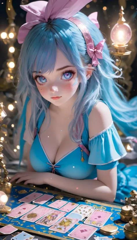 a pretty 19-year-old magical-girl, cute magical-girl outfit, sexy alice-in-wonderland, cleavage, blush, freckles, chaotic, magical tarot cards, cute hair accessories, vibrant magical particle effects, ring-light, reflective eyes, volumetric lighting, anti-...