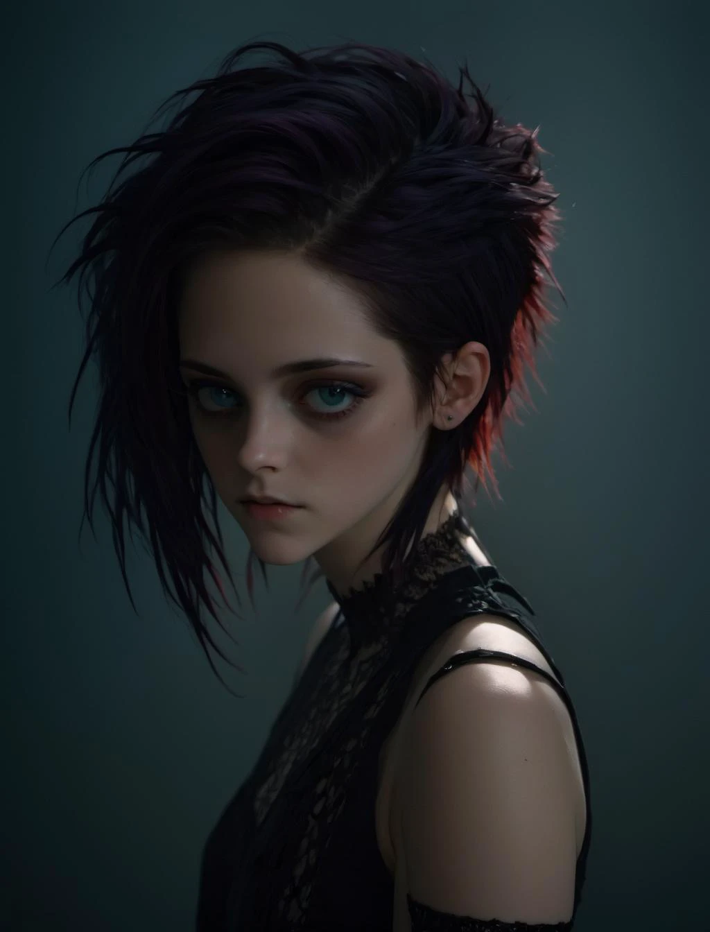 a shadowy goth girl in the void, moody kristen stewart, highly textured skin, cute hair accessories, light and shadow, anti-aliasing, color-graded, floating motes, dynamic volumetric lighting, nikon D850  <lora:add-detail-xl:1>  <lora:offset_0.2:0.5>