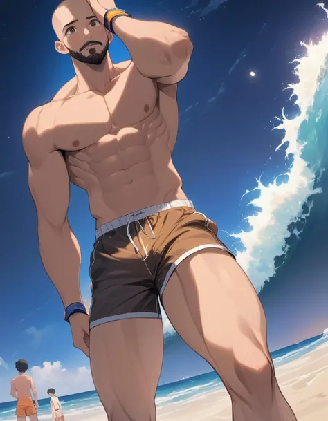 wani wani panic, anime, nsfw, from above, pov, curious, ashamed, manly, top body, a slim scruffy man pov, buzzcut, brown eyes, stubble, blush, fondling bulge pov, topless, patterned sport saggy shorts, pubes, expressive, looking at viewer, cord bracelet, b...