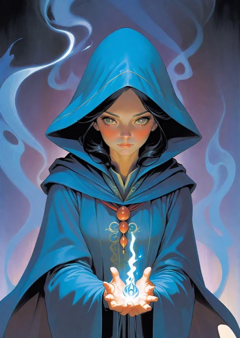 1 female mage, hood, casting spell, detailed hands
 detailed, colorful, dramatic lighting, shadow,
(best quality)
art by Jean Giraud Phil Noto