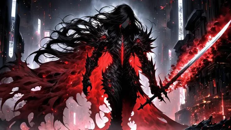 (no_headwear:2.0), (mature male, red_eyes, blood on face, blood on clothes, broad shoulders, scar on face, wavy crimson cape, really long black hair, straight bangs, holding a god killerblade:1.6), (futuristic cyborg black armor, futuristic cyborg black le...