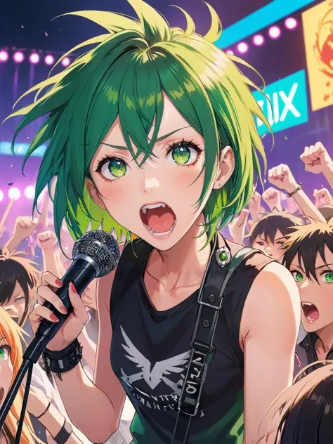 anime artwork of In the heart of a chaotic punk concert, a punk girl with a furious expression screams into a microphone, her eyes ablaze with anger, while the crowd thrashes around her, lost in the madness of the music, bold lines and vivid, chaotic color...