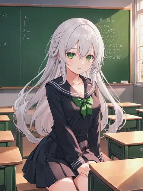 1girl, solo, masterpiece, anime, <lora:add-detail-xl:0.6>,scenery, indoors, classroom, furniture, chalkboard, serafuku, skirt,, white hair, hair between eyes, green eyes BREAK, long hair, medium breasts