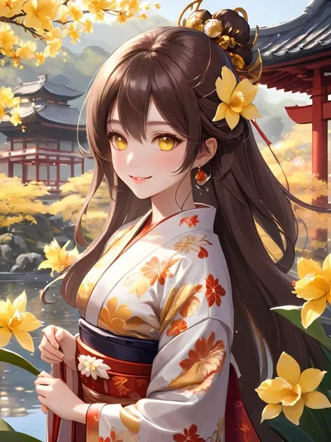 1 girl. smile. kimono, petals. flower garden. Cattleya. (flower_style:0.8). four seasons. 
nice body,  beautiful skin. oily skin. an extremely delicate and beautiful. ultra detailed. clear eyes. 
light sparkles. mysterious atmosphere. a powerful artifact t...